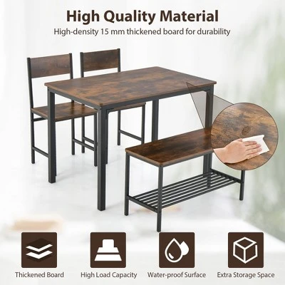 Costway 4pcs Dining Table Set Rustic Desk 2 Chairs & Bench With Storage Rack Brown/Grey/Coffee 5 Costway 4pcs Dining Table Set Rustic Desk 2 Chairs & Bench With Storage Rack Brown/Grey/Coffee - Image 5