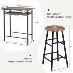Costway 3 Pieces Bar Table Set Counter Height Dining Pub Table W/ 2 Stools