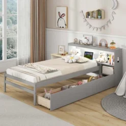 Costway Twin Size Bed Frame With LED Light & Power Outlet Bookcase Headboard Drawers White/Gray -Costway GUEST 5d56b10e d1a3 454b a9dc 076d77f61231