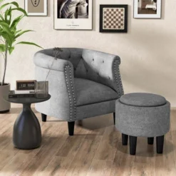Costway Modern Accent Chair With Ottoman Armchair Barrel Sofa Chair With Footrest Grey