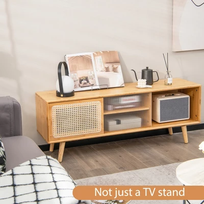 Costway Modern TV Stand Entertainment Center Media Console With Rattan Glass Sliding Doors Natural/Brown 4 Costway Modern TV Stand Entertainment Center Media Console With Rattan Glass Sliding Doors Natural/Brown - Image 4