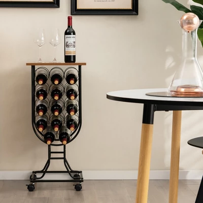 Costway 14 Bottles Wine Rack Console Table Freestanding Wine Storage With Woodtop & Wheels 3 Costway 14 Bottles Wine Rack Console Table Freestanding Wine Storage With Woodtop & Wheels - Image 3