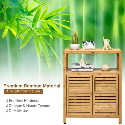 Costway Two-door Bamboo Bathroom Floor Cabinet Storage Organizer W/ Open Shelf 8 Costway Two-door Bamboo Bathroom Floor Cabinet Storage Organizer W/ Open Shelf - Image 8