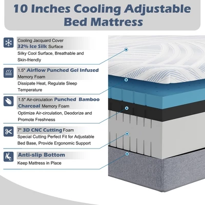 Costway Twin XL Cooling Adjustable Bed Memory Foam Mattress W/ 32% Ice Silk Cover 8 Costway Twin XL Cooling Adjustable Bed Memory Foam Mattress W/ 32% Ice Silk Cover - Image 8