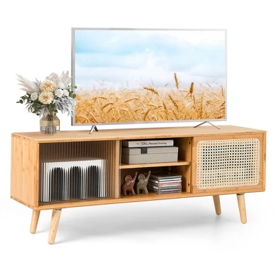 Costway Modern TV Stand Entertainment Center Media Console With Rattan Glass Sliding Doors Natural/Brown 11 Costway Modern TV Stand Entertainment Center Media Console With Rattan Glass Sliding Doors Natural/Brown - Image 11