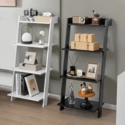 Costway 4-Tier Ladder Shelf Leaning Bookshelf WithAnti-falling Baffle Wood Bookcase Black/White -Costway GUEST 607c603a 6144 408c 847c ded489ae11fd