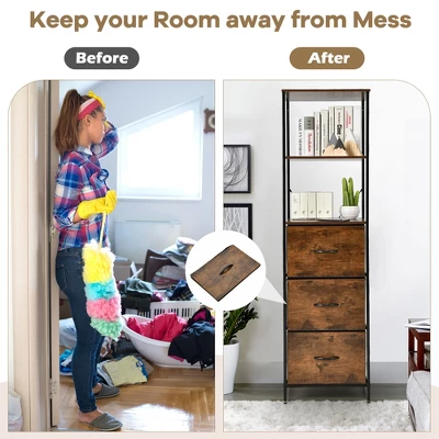 Costway Vertical 3 Drawer Dresser W/ 3 Shelves Tall Storage Tower Chest Freestanding 6 Costway Vertical 3 Drawer Dresser W/ 3 Shelves Tall Storage Tower Chest Freestanding - Image 6