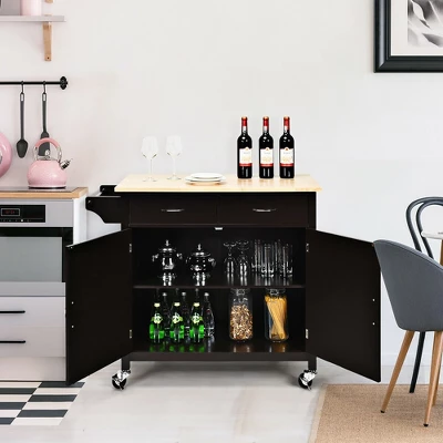 Costway Modern Rolling Kitchen Island Cart Wood Top Storage Trolley With Storage Drawers 3 Costway Modern Rolling Kitchen Island Cart Wood Top Storage Trolley With Storage Drawers - Image 3