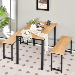 Costway Modern 3 PCS Dining Table Bench Set W/ Metal Frame & Wooden Tabletop -Costway GUEST 6337c3b5 dee6 435c acf4 0c794e83aeeb