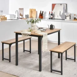 Costway Modern 3 PCS Dining Table Bench Set W/ Metal Frame & Wooden Tabletop