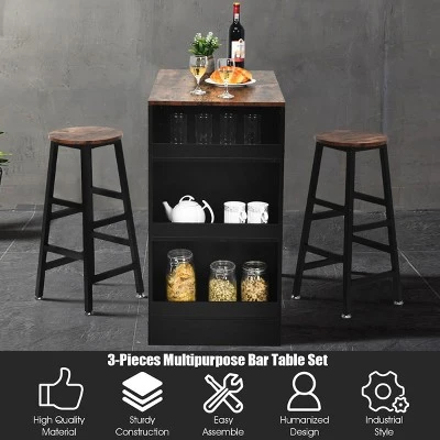 Costway 3 Pieces Bar Table Set Industrial Counter With Storage Black 6 Costway 3 Pieces Bar Table Set Industrial Counter With Storage Black - Image 6