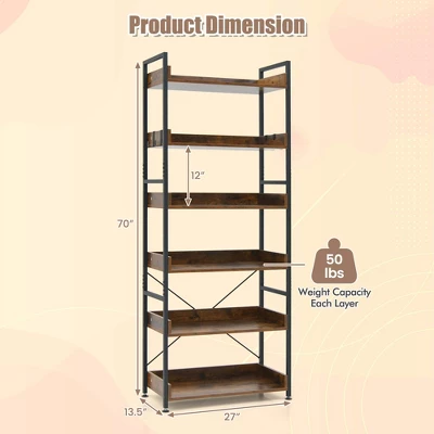 Costway 6-Tier Bookshelf Open Display Shelves Storage Rack Metal Frame With 4 Hooks Rustic 4 Costway 6-Tier Bookshelf Open Display Shelves Storage Rack Metal Frame With 4 Hooks Rustic - Image 4