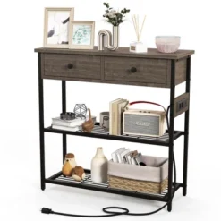 Costway Entryway Table With Charging Station Narrow Console Table With 2 Drawers Brown/Oak -Costway GUEST 6634ff13 b20d 49e4 bfd3 08c3a7f8cc3c