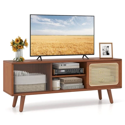 Costway Modern TV Stand Entertainment Center Media Console With Rattan Glass Sliding Doors Natural/Brown 10 Costway Modern TV Stand Entertainment Center Media Console With Rattan Glass Sliding Doors Natural/Brown - Image 10