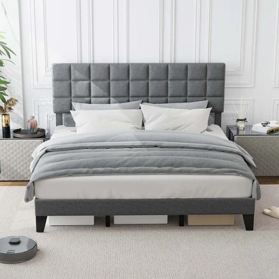 Costway Full/Queen/King Size Bed Frame Modern Linen Fabric Upholstered Platform Bed With Headboard 3 Costway Full/Queen/King Size Bed Frame Modern Linen Fabric Upholstered Platform Bed With Headboard - Image 3