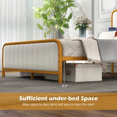 Costway Full Gold Metal Bed Frame Upholstered Platform Bed With Velvet Headboard 8 Costway Full Gold Metal Bed Frame Upholstered Platform Bed With Velvet Headboard - Image 8