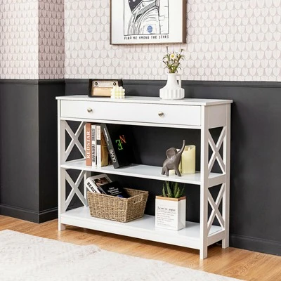 Costway 3-Tier Console Table X-Design Sofa Entryway Table With Drawer & Shelves Gray Espresso 2 Costway 3-Tier Console Table X-Design Sofa Entryway Table With Drawer & Shelves Gray Espresso - Image 2
