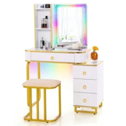 Costway Vanity Table Set With RGB LED Lights Crystal Crush Diamond Mirror Drawers Black/White -Costway GUEST 689c1d01 bb0d 411d 9cea f6256735b272