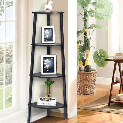 Costway 4-Tier Corner Shelf Metal Storage Rack Domestic Bookcase Display Stand Wood Grey 2 Costway 4-Tier Corner Shelf Metal Storage Rack Domestic Bookcase Display Stand Wood Grey - Image 2