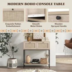 Costway Rattan Console Table With 2 Rattan Drawers & Open Storage Shelf Metal Legs Oak -Costway GUEST 6af5df7b c775 4e5e a776 230d6d4eab3f