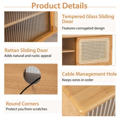 Costway Modern TV Stand Entertainment Center Media Console With Rattan Glass Sliding Doors Natural/Brown 9 Costway Modern TV Stand Entertainment Center Media Console With Rattan Glass Sliding Doors Natural/Brown - Image 9