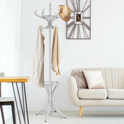 Costway Wood Standing Hat Coat Rack Jacket Bag Hanger Tree W/12 Hooks & Umbrella Stand 2 Costway Wood Standing Hat Coat Rack Jacket Bag Hanger Tree W/12 Hooks & Umbrella Stand - Image 2