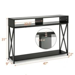 Costway Steel Frame Console Table With Open Shelf And Storage Compartments Black