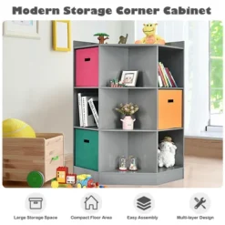 Costway 3-Tier Kid Storage Shelf Cubes W/3 Baskets Corner Cabinet Organizer Gray -Costway GUEST 6ce6d26e 5c6f 47e4 9055 a86d748dc9ac