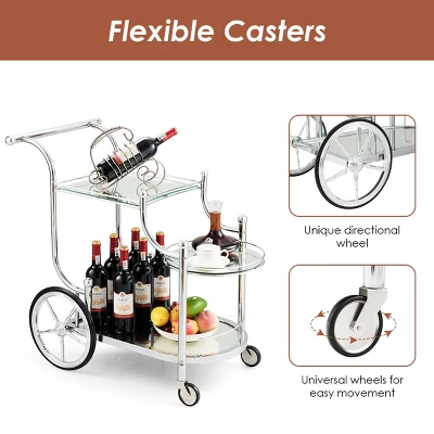 Costway Kitchen Cart Tea Cart Glass Shelves & Metal Frame With Wheels 6 Costway Kitchen Cart Tea Cart Glass Shelves & Metal Frame With Wheels - Image 6