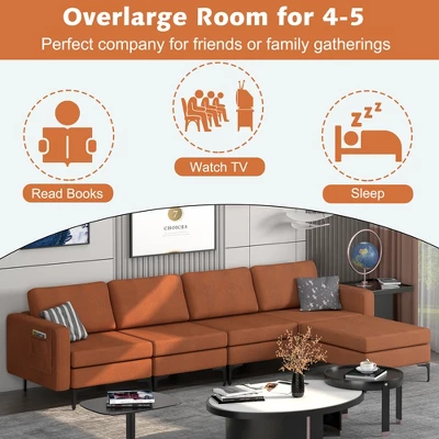 Costway Modular L-shaped Sectional Sofa W/ Reversible Chaise & 4 USB Ports OrangeDark Grey 5 Costway Modular L-shaped Sectional Sofa W/ Reversible Chaise & 4 USB Ports OrangeDark Grey - Image 5