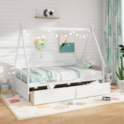 Costway Twin Size House Bed With Roof Safety Guardrail 2 Storage Drawers Wood Slat Support White -Costway GUEST 6e4da562 3f2d 48d2 8618 743525a598fe