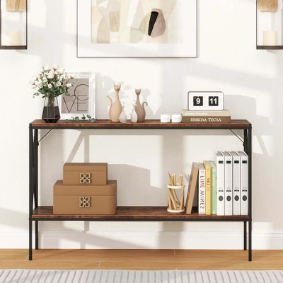 Costway Narrow Console Table 2-Tier Entryway Table With Storage 2 Support Bars Sofa Table Brown/White 1 Costway Narrow Console Table 2-Tier Entryway Table With Storage 2 Support Bars Sofa Table Brown/White