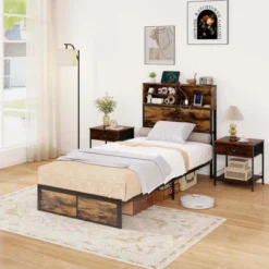 Costway Twin/Full/Queen/King Bed Frame With Charging Station Storage Headboard Under-bed Storage Space -Costway GUEST 70bd295f 8e95 4554 8de8 47661b6151b9