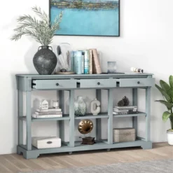 Costway 58'' Long Sofa Table With Storage Retro Console Table With 3 Drawers & Open Shelves Blue/White