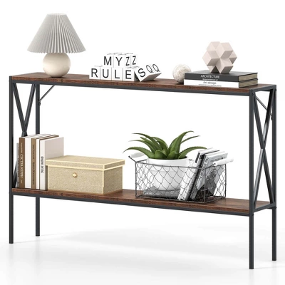 Costway Narrow Console Table 2-Tier Entryway Table With Storage 2 Support Bars Sofa Table Brown/White 9 Costway Narrow Console Table 2-Tier Entryway Table With Storage 2 Support Bars Sofa Table Brown/White - Image 9