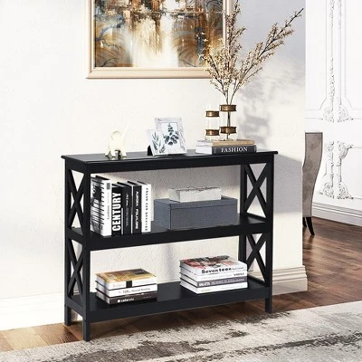 Costway 3-Tier Console Table X-Design Bookshelf Sofa Side Accent Table W/Shelf EspressoBlack 1 Costway 3-Tier Console Table X-Design Bookshelf Sofa Side Accent Table W/Shelf EspressoBlack