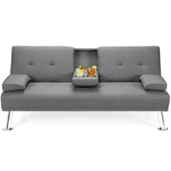 Costway Convertible Folding Futon Sofa Bed Fabric W/2 Cup Holders Light Gray/Dark Gray -Costway GUEST 732ef9fb 9df1 42ec 8766 99e610c3c0a2