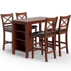Costway 5PCS Pub Dining Table Set W/ Storage Shelves&4 Upholstered Chairs Walnut -Costway GUEST 75090010 bd14 4761 9192 442713bf3418
