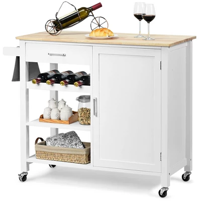 Costway 4-Tier Wood Kitchen Island Trolley Cart Storage Cabinet W/ Wine Rack White 7 Costway 4-Tier Wood Kitchen Island Trolley Cart Storage Cabinet W/ Wine Rack White - Image 7