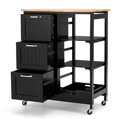 Costway Rolling Kitchen Island Utility Storage Cart W/ 3 Storage Drawers & Shelves White/Black 9 Costway Rolling Kitchen Island Utility Storage Cart W/ 3 Storage Drawers & Shelves White/Black - Image 9