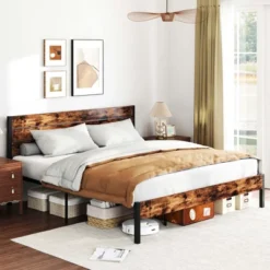 Costway Twin/Full/Queen/King Bed Frame With Tall Industrial Headboard Heavy-Duty Metal Slats Support Brown 25 Costway Twin/Full/Queen/King Bed Frame With Tall Industrial Headboard Heavy-Duty Metal Slats Support Brown -Costway GUEST 76981720 78a3 4f0c 865b e1bee607dcce