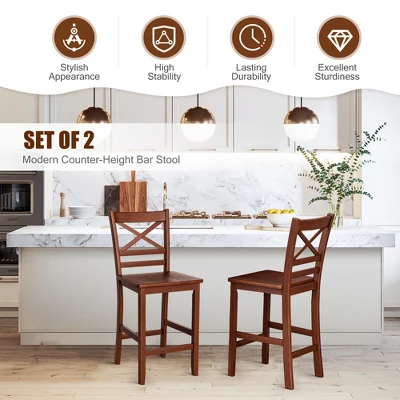 Costway Set Of 2 Bar Stools 24'' Counter Height Chairs W/ Rubber Wood Legs Walnut 4 Costway Set Of 2 Bar Stools 24'' Counter Height Chairs W/ Rubber Wood Legs Walnut - Image 4