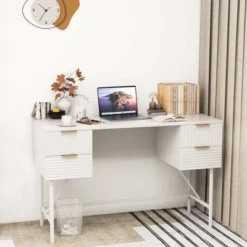 Costway 48" Computer Desk With 4 Drawers Storage Metal Frame Modern Study Writing Desk
