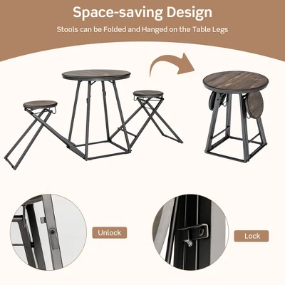 Costway 3-Piece Bar Table Set Round Pub Dining Table & 2 Foldable Stools W/ Metal Frame 6 Costway 3-Piece Bar Table Set Round Pub Dining Table & 2 Foldable Stools W/ Metal Frame - Image 6