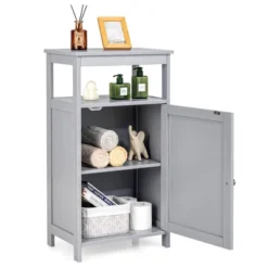 Bathroom Wooden Floor Cabinet Multifunction Storage Rack Organizer Stand Grey/White -Costway GUEST 7a4fa8c3 02a1 493b a104 eff2cc2003fb