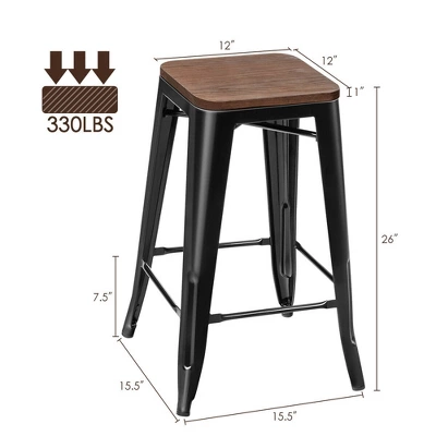 Costway Set Of 4 Counter Height Backless Barstool 26'' Metal Stackable Stool W/Wood Seat 2 Costway Set Of 4 Counter Height Backless Barstool 26'' Metal Stackable Stool W/Wood Seat - Image 2