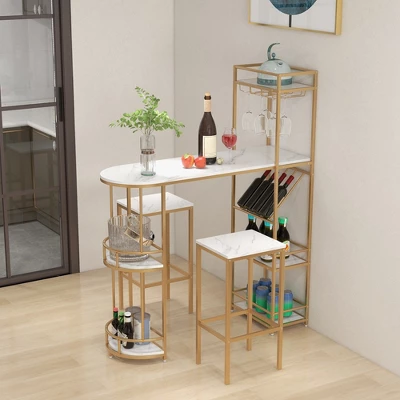 Costway 3 PCS Bar Table Set 2 Stools Storage Shelves Glass Holder Wine Rack Space Saving 1 Costway 3 PCS Bar Table Set 2 Stools Storage Shelves Glass Holder Wine Rack Space Saving