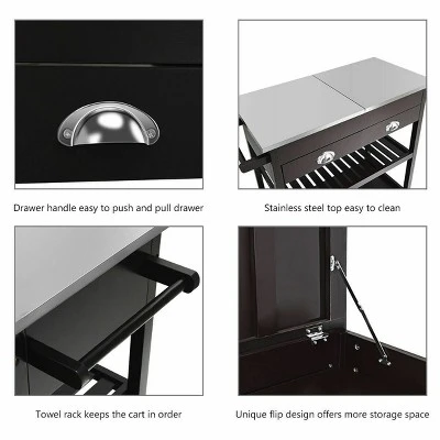 Costway Rolling Kitchen Island Trolley Cart Stainless Steel Flip Tabletop W/ Drawer Brown 6 Costway Rolling Kitchen Island Trolley Cart Stainless Steel Flip Tabletop W/ Drawer Brown - Image 6