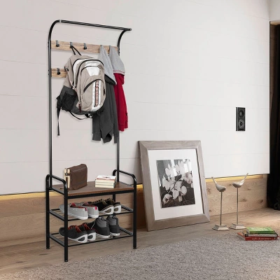 Costway Industrial Coat Rack Shoe Bench Hall Tree Entryway Storage Shelf With 9 Hooks 2 Costway Industrial Coat Rack Shoe Bench Hall Tree Entryway Storage Shelf With 9 Hooks - Image 2