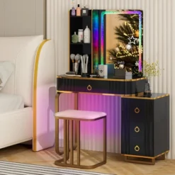 Costway Vanity Table Set With RGB LED Lights Crystal Crush Diamond Mirror Drawers Black/White -Costway GUEST 7b882f89 267e 45ff 87c9 a2e83208077f